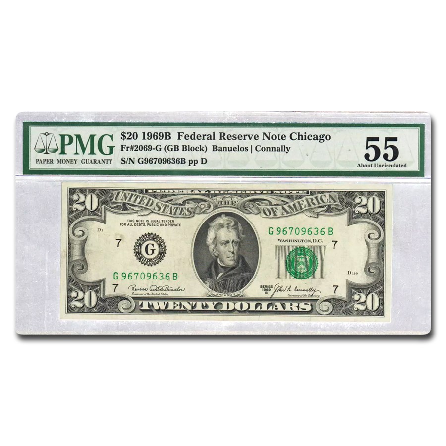 1969-B (G-Chicago) $20 FRN CH AU-55 PMG (Fr#2069-G)