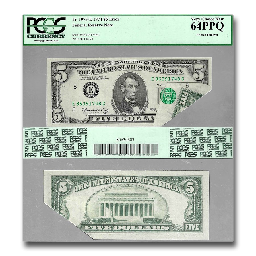 1974 (E-Richmond) $5 FRN CU-64 PPQ PCGS (Fr#1973-E) Printed Fold