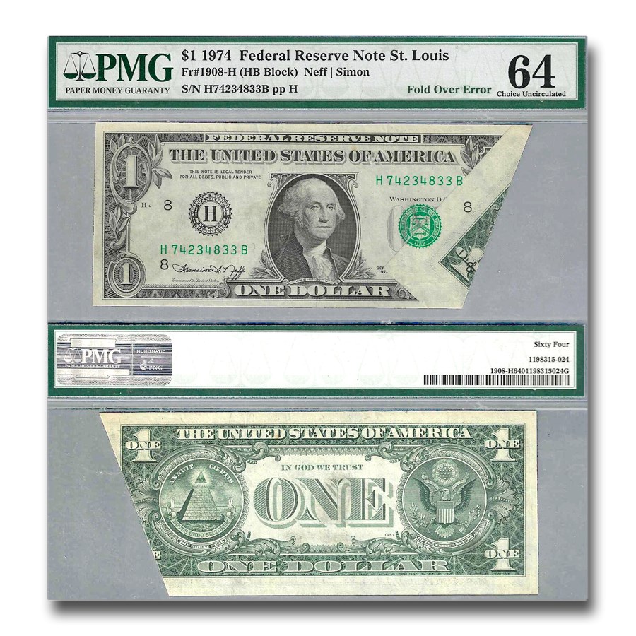 1974 (H-St. Louis) $1 FRN CU-64 PMG (Fr#1908-H) Fold Over Error