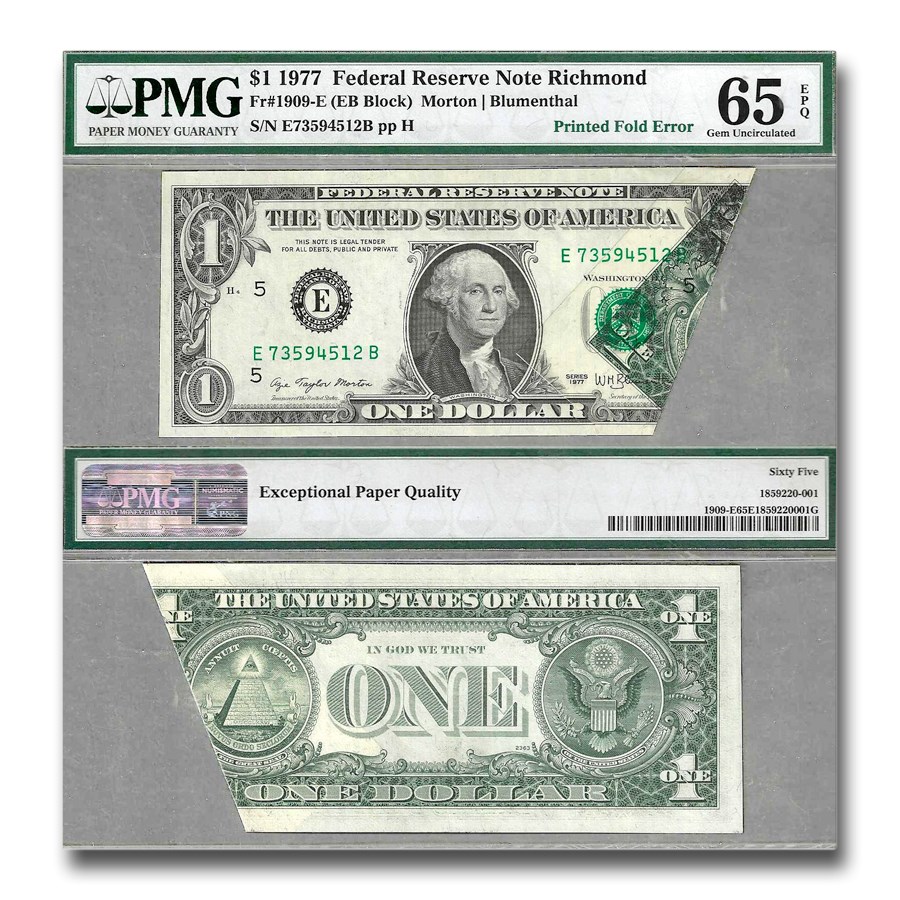 1977 (E-Rich) $1 FRN CU-65 EPQ PMG (Fr#1909-E) Printed Fold Error