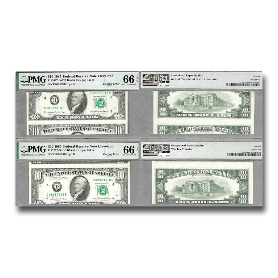 1985 (D-Clev) $10 FRN CU-66 PMG EPQ Cutting Error Pair!