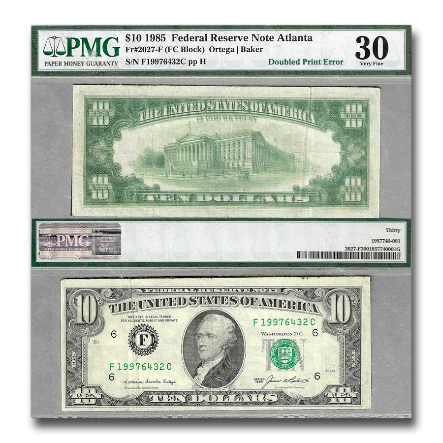 1985 (F-Atlanta) $10 FRN VF-30 PMG (Fr#2027-F) Double Print Error