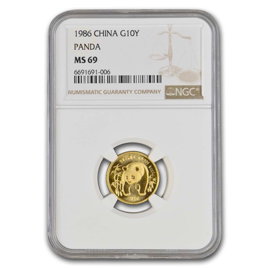 1986 China 1/10 oz Gold Panda MS-69 NGC