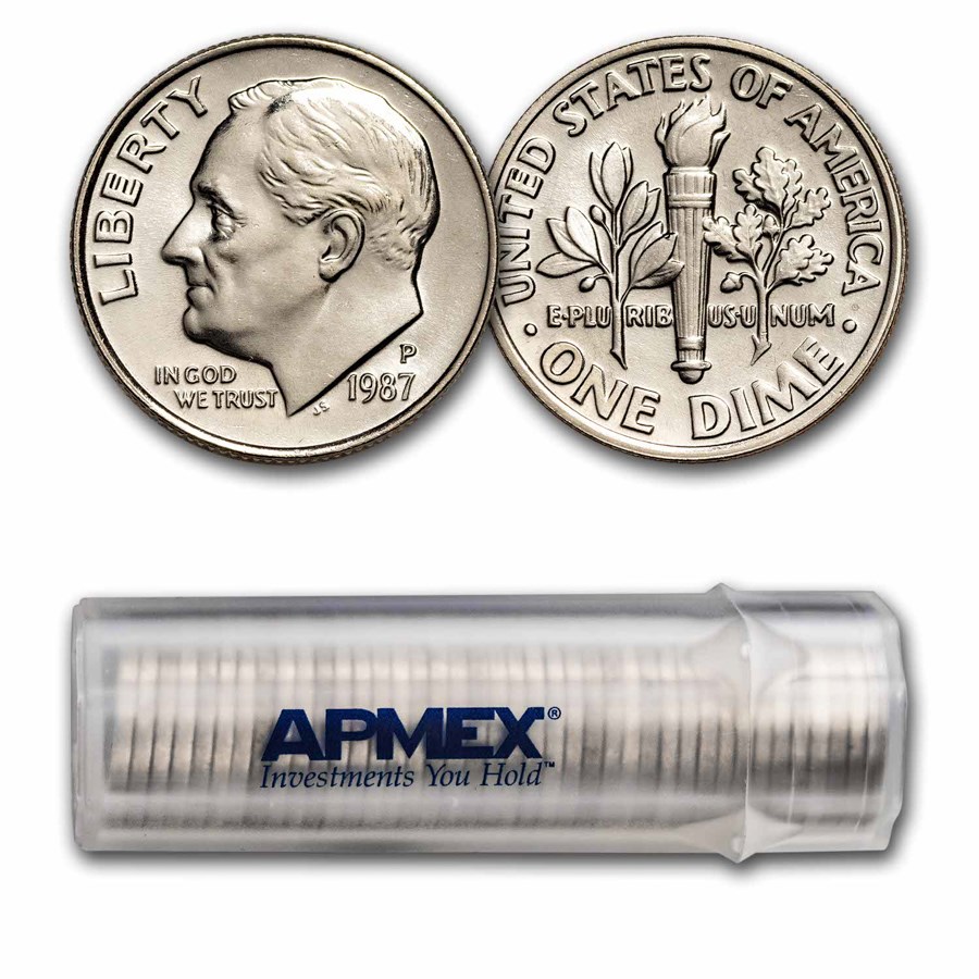 1987-P Roosevelt Dime 50-Coin Roll BU