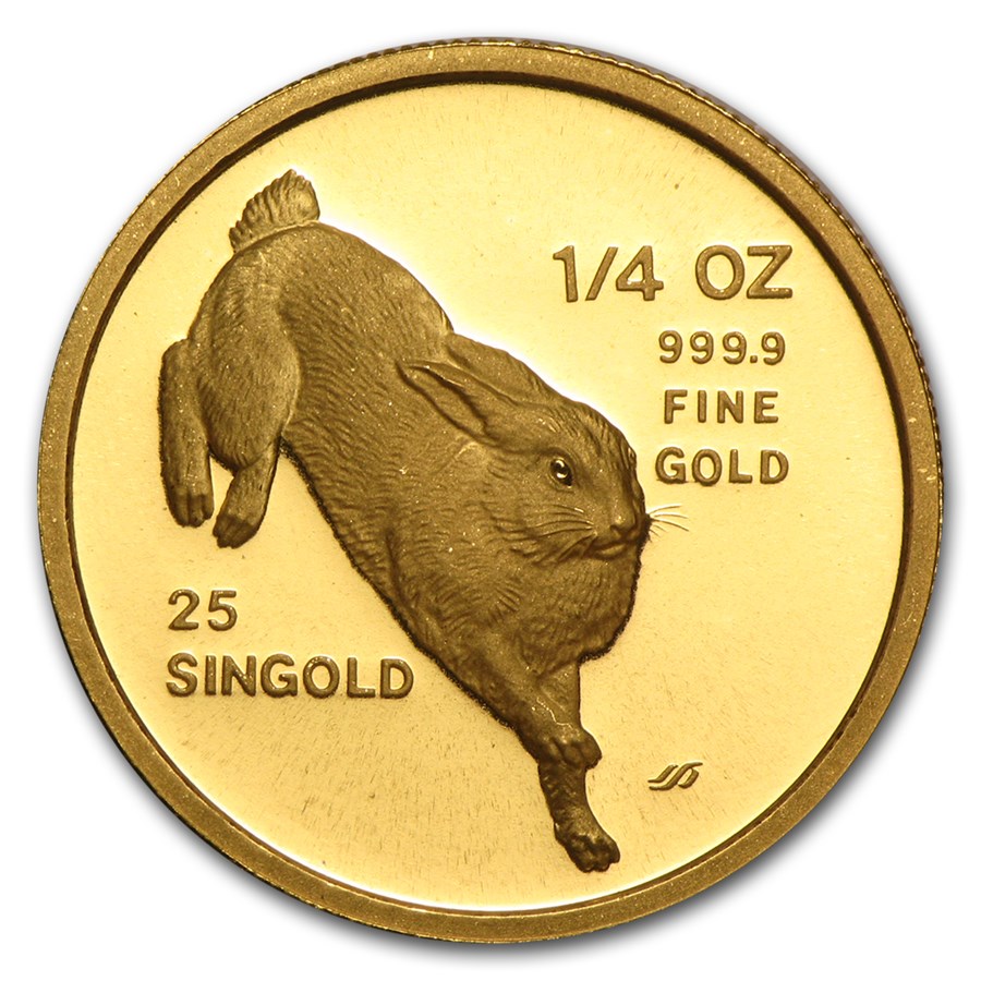 1987 Singapore 1/4 oz Proof Gold 25 Singold Rabbit