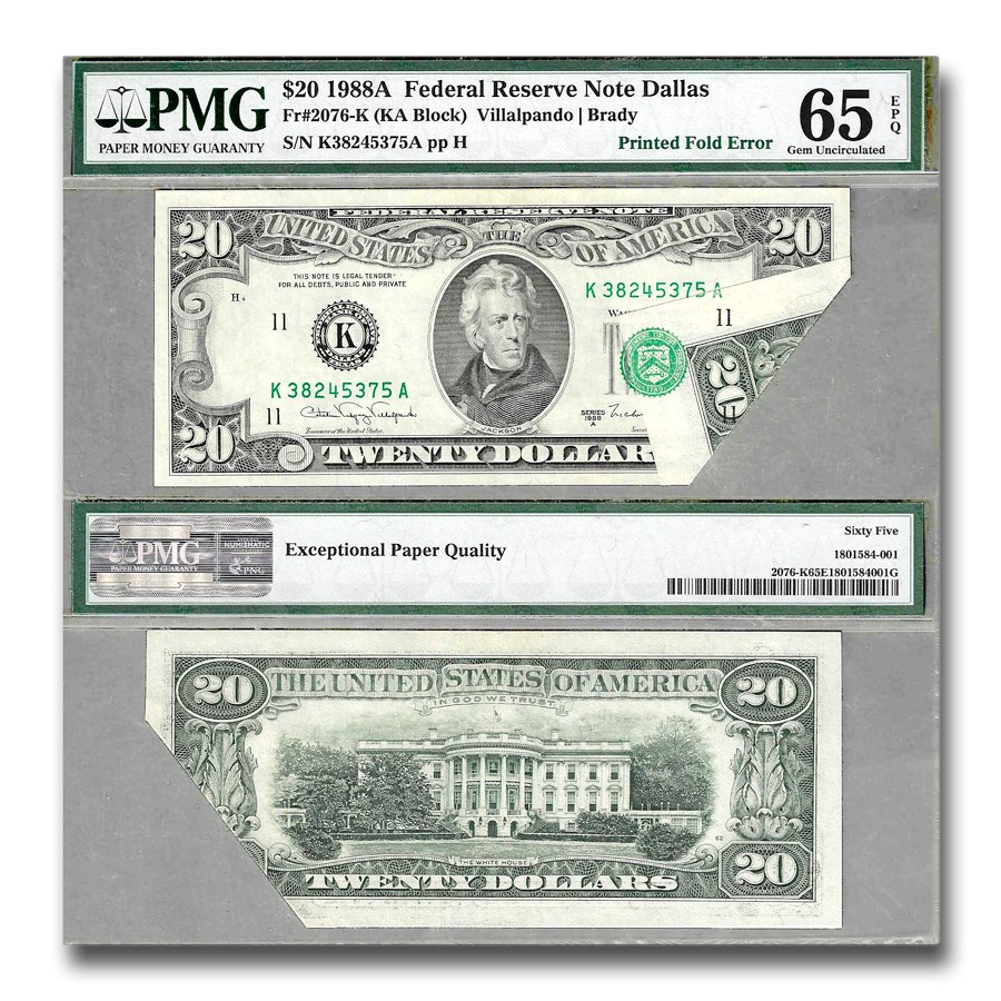 1988-A (K-Dallas) $20 FRN CU-65 EPQ PMG (Fr#2076K) Printed Fold