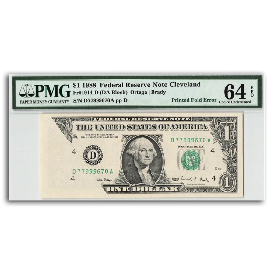 1988 (D-Cleveland) $1 FRN CU64 EPQ PMG (Fr#1914D) Fold Error