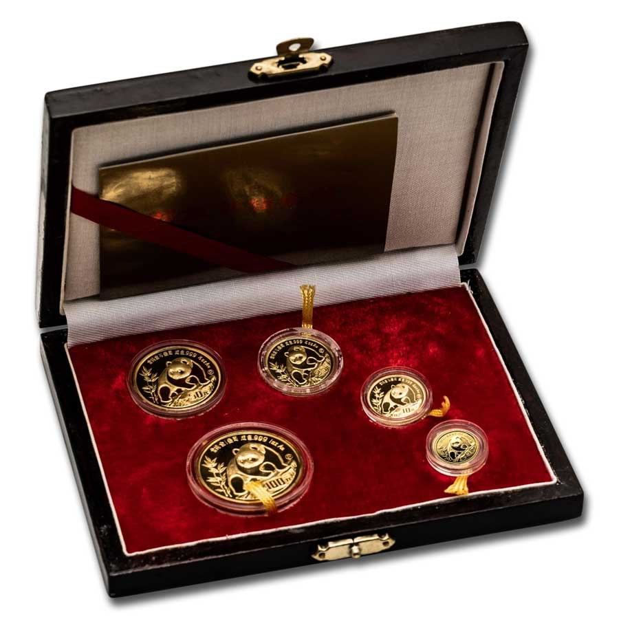 1990 China 5-Coin Gold Panda Proof Set (w/Box & COA) Dmg Capsules
