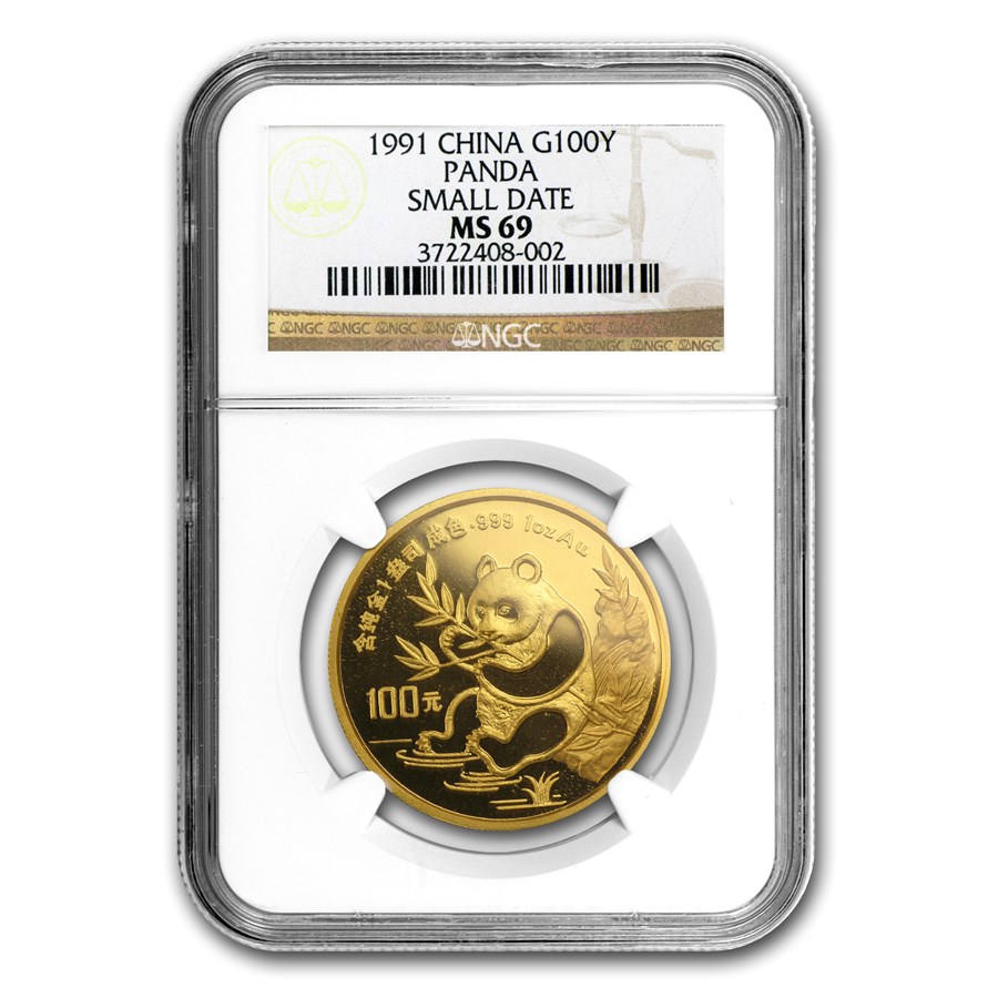 1991 China 1 oz Gold Panda Small Date MS-69 NGC