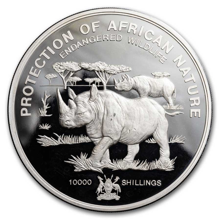 1993 Uganda Silver 10,000 Shillings Rhinoceros Proof