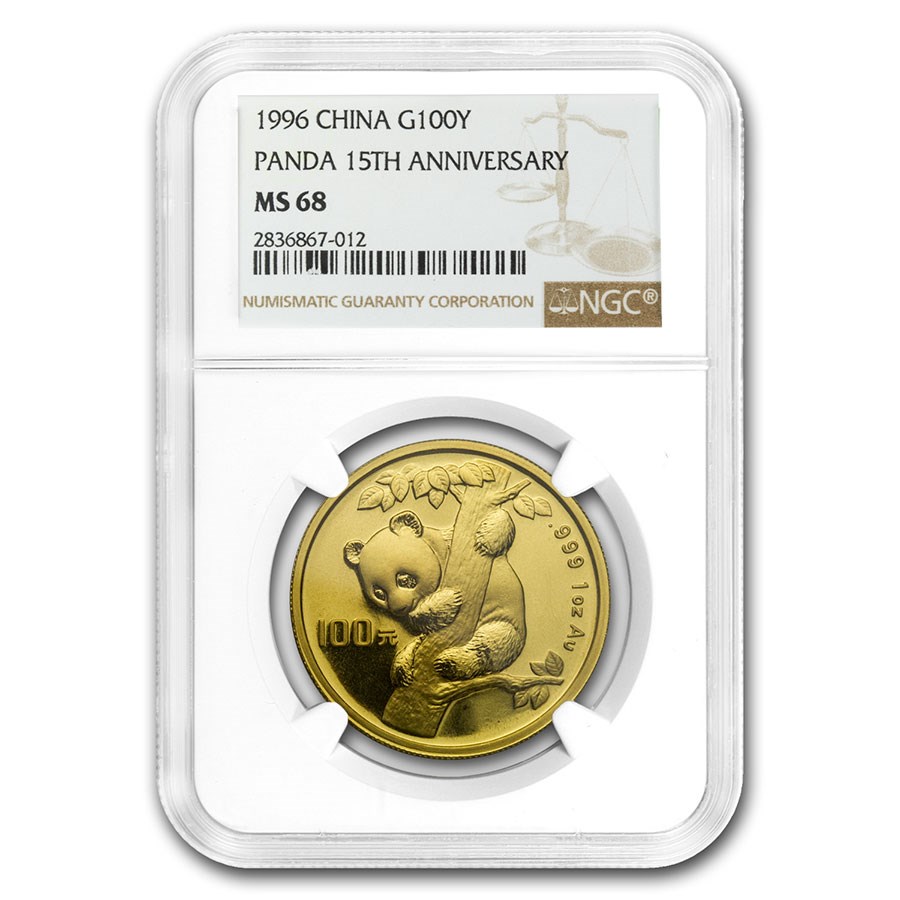 1996 China 1 oz Gold Panda MS-68 NGC (15th Anniversary)