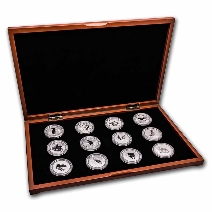 1999-2010 Australia 12-Coin 1 oz Ag Lunar Set BU (SI, Wood Box)