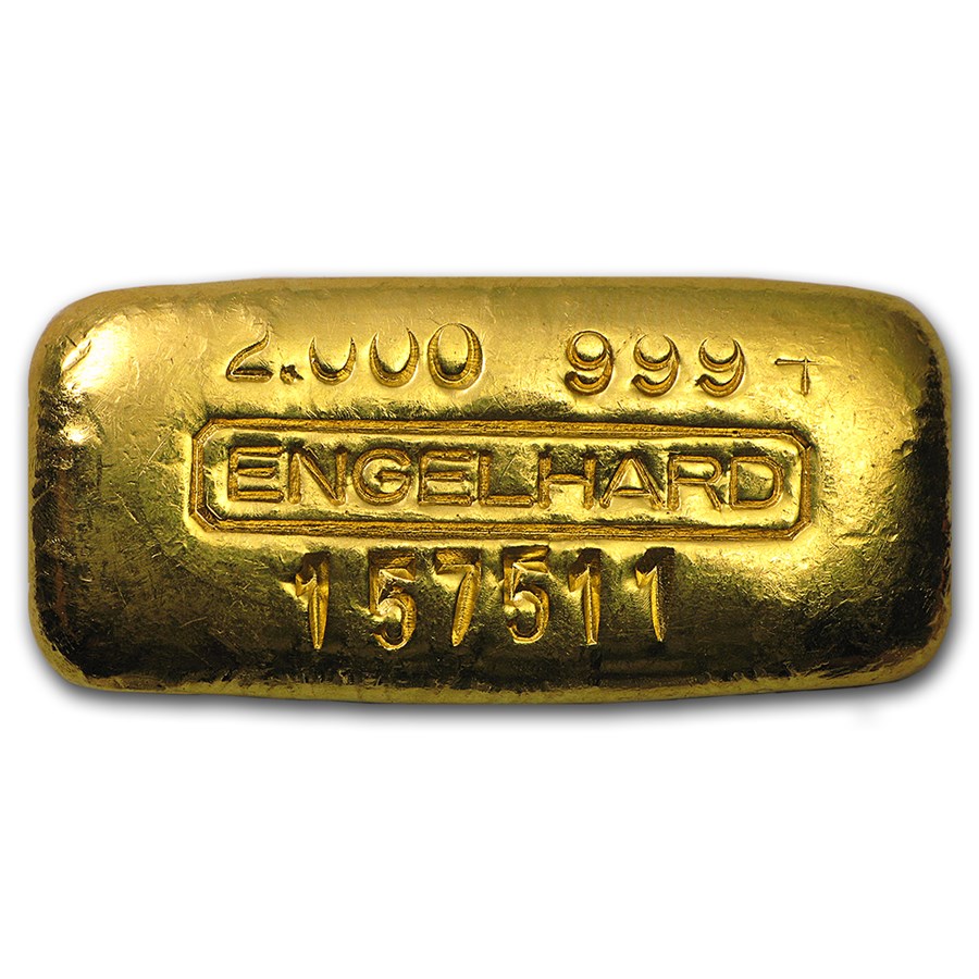 2 oz Gold Cast-Poured Bar - Engelhard (Serial #, .999+ Fine)