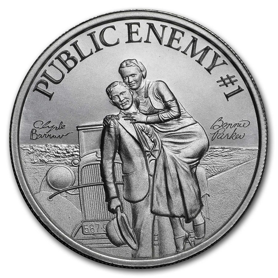 2 oz Silver High Relief Round - "Public Enemy #1" Bonnie & Clyde