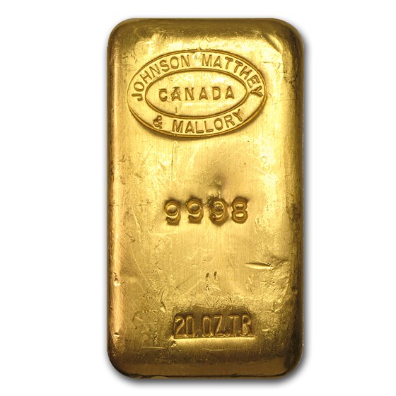 Buy 20 oz Gold Bar - Johnson Matthey & Mallory (Poured, 999.8 Fine) | APMEX