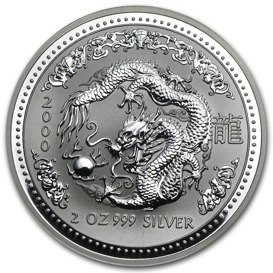 2000 Australia 2 oz Silver Year of the Dragon BU