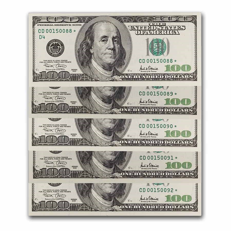 Buy 2001* (D-Cleveland) $100 FRN CU (Fr#2177-D*) 5 Consec. Star Notes ...