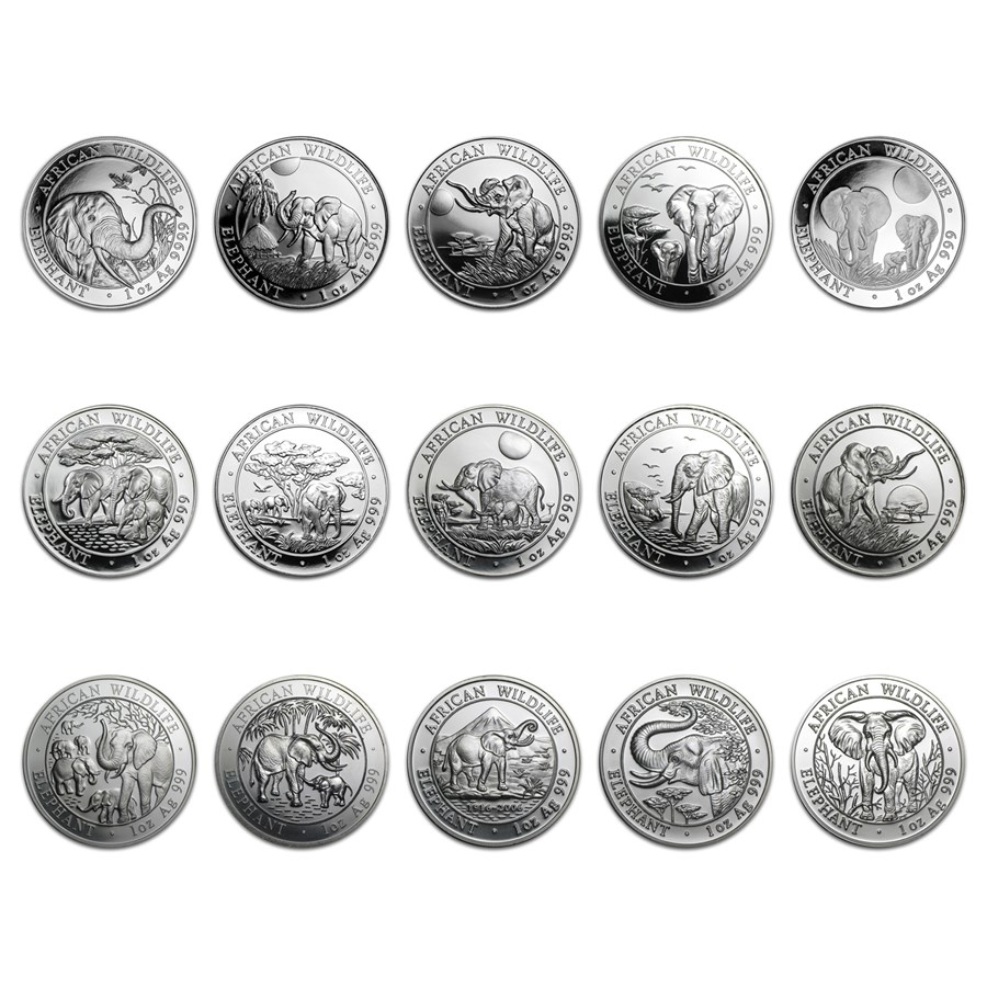 Buy 2004-2018 Somalia 15 Coin 1 oz Silver Elephant Set BU (CAPS) | APMEX