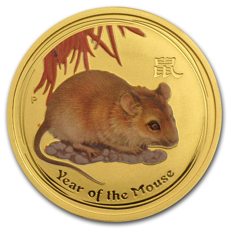 2008 Australia 1 oz Gold Lunar Mouse BU (SII, Colorized)