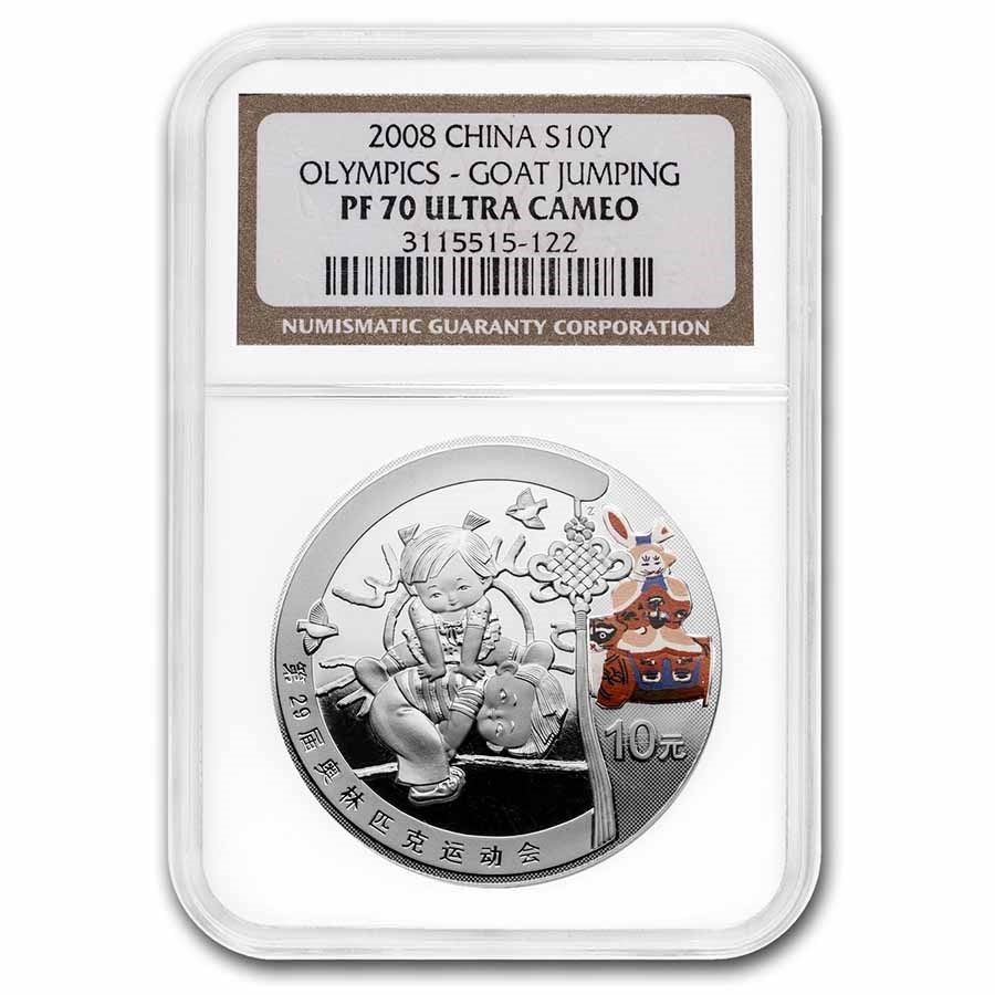 2008 China Silver ¥10 Olympic Games: Goat Jumping PF-70 NGC