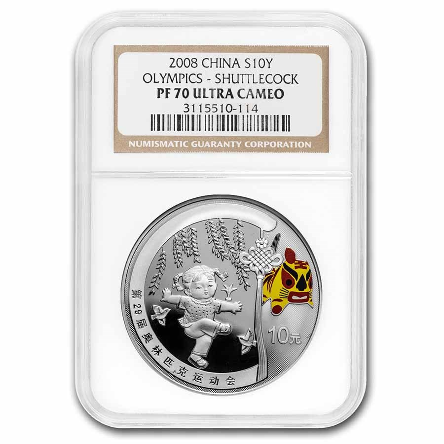 2008 China Silver ¥10 Olympic Games: Shuttlecock PF-70 NGC