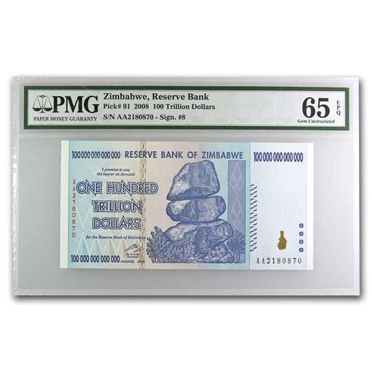 2008 Zimbabwe 100 Trillion Dollars Cape Buffalo CU-65 EPQ PMG