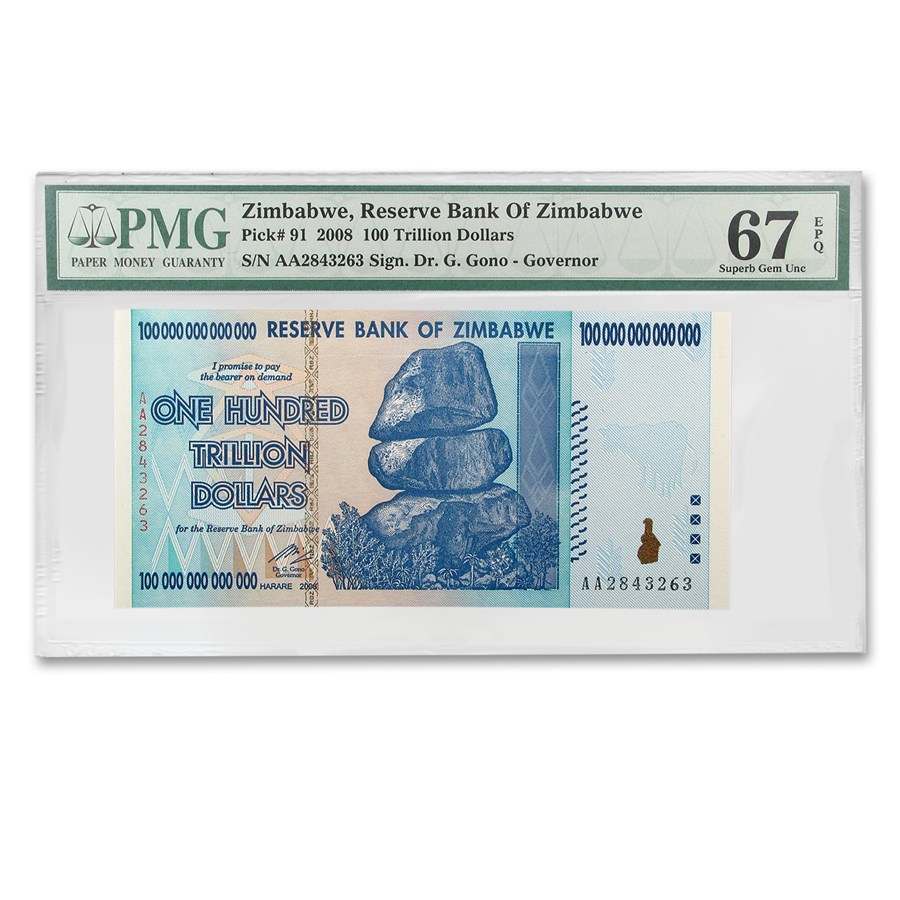 2008 Zimbabwe 100 Trillion Dollars Cape Buffalo CU-67 EPQ PMG