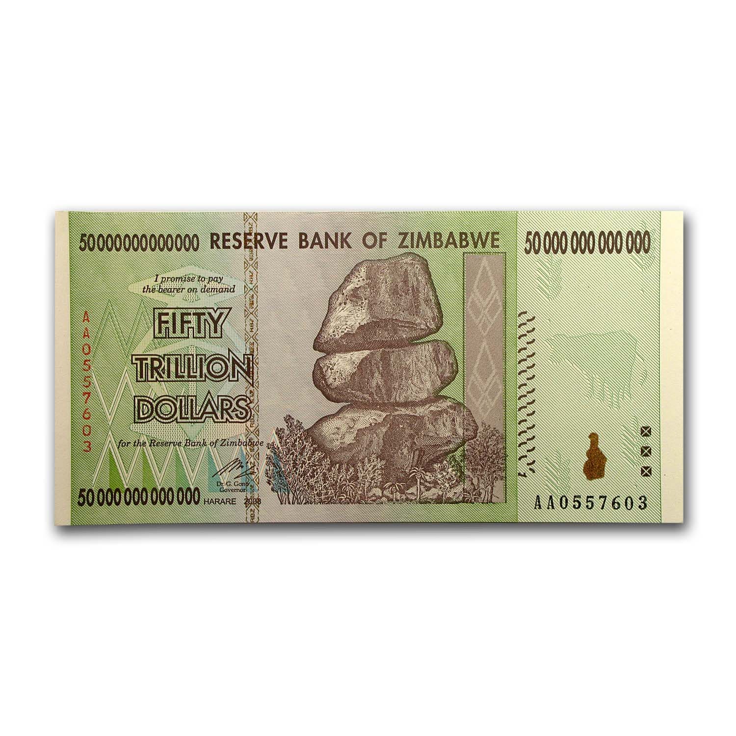 2008 Zimbabwe 50 Trillion Dollars Rock Formation Dam Elephant Unc