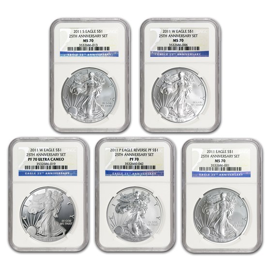 Buy 2011 5-Coin American Silver Eagle Set MS/PF-70 NGC (25th Anniv) | APMEX