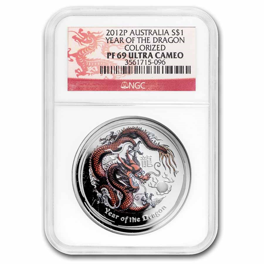 2012 AUS 1 oz Silver Year of the Dragon PF-69 NGC (Colorized)