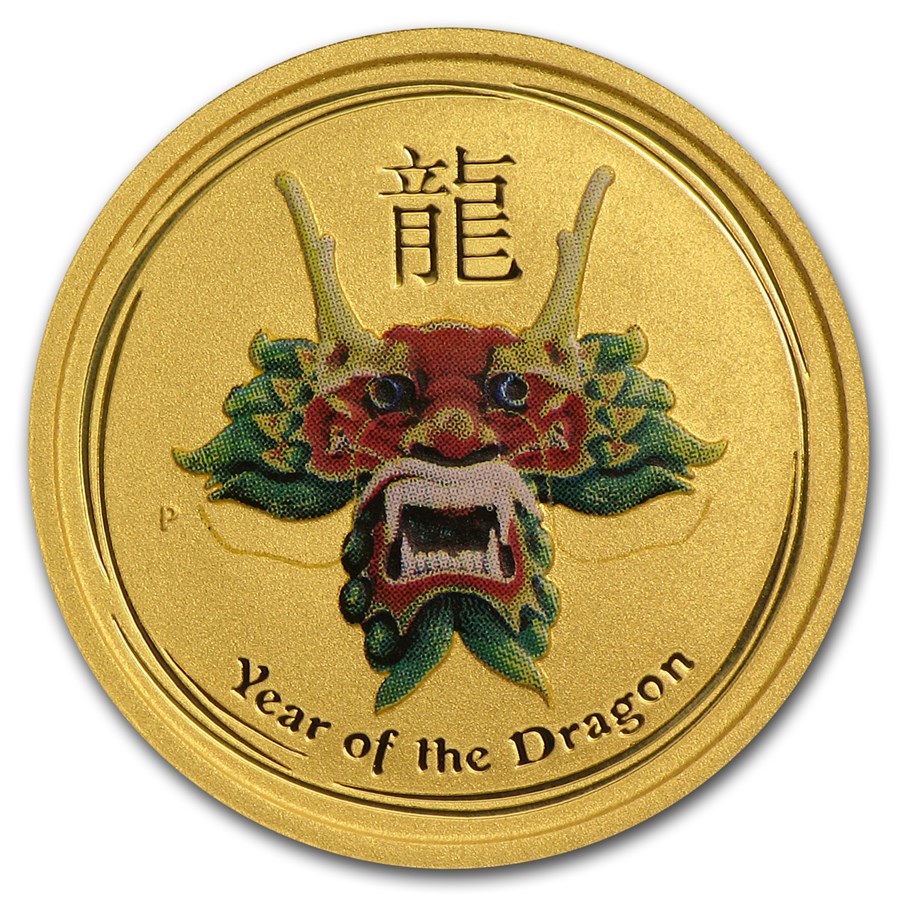 2012 Australia 1/10 oz Gold Lunar Dragon BU (SII, Green Color)