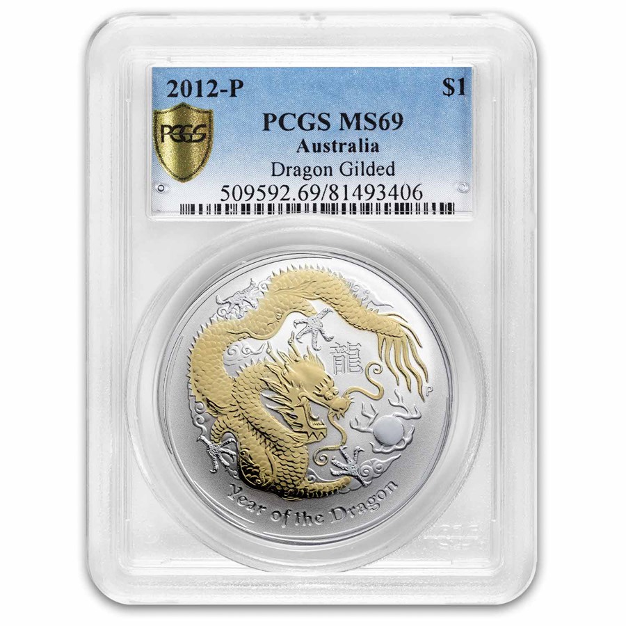 2012 Australia 1 oz Silver Dragon Gilded MS-69 PCGS