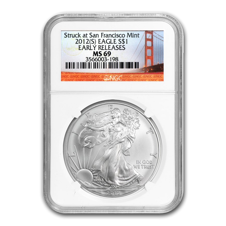 2012 (S) Silver Eagle MS-69 NGC (ER, Golden Gate Bridge Label)