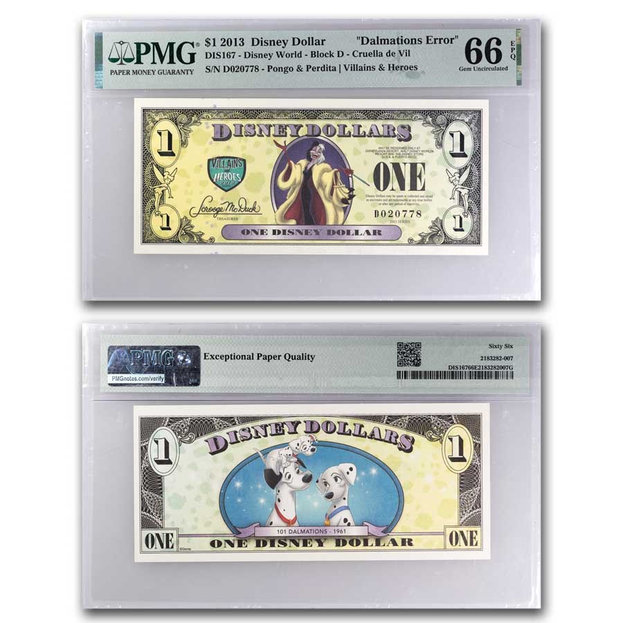 2013 $1.00 (D) Cruella CU-66 EPQ PMG (DIS#167) Dalmations Error