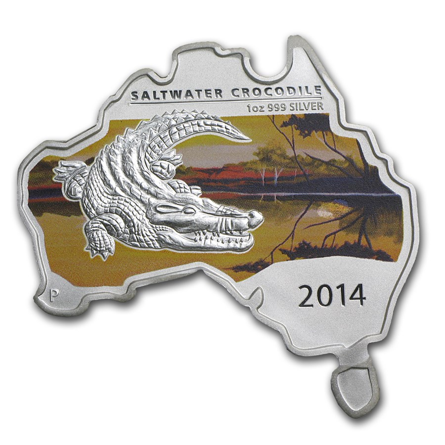 2014 Australia 1 oz Silver Saltwater Crocodile BU (Map Shape)