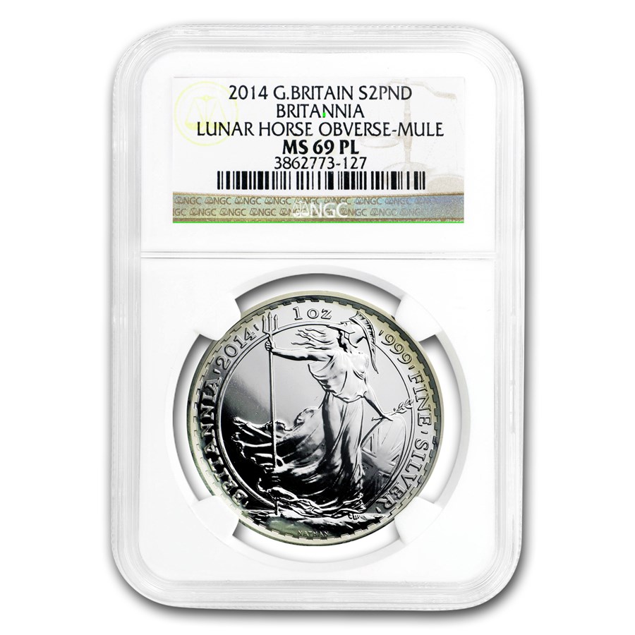 2014 GB 1oz Britannia Mule MS-69PL NGC (w/Lunar Horse Obv, Dmgd)