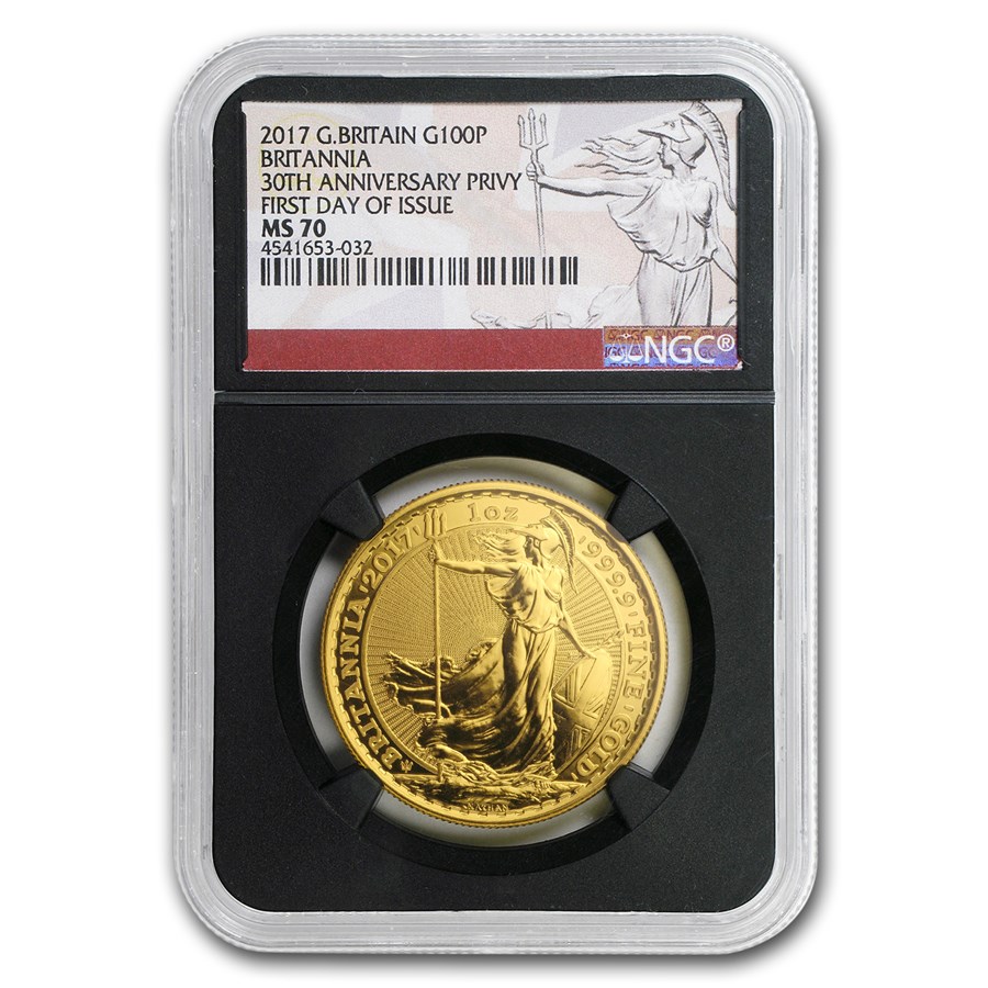 Buy 2017 GB 1 oz Gold Britannia 30th Anniv MS-70 NGC (First Day) | APMEX