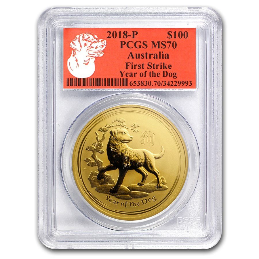 2018 Australia 1 oz Gold Lunar Dog MS-70 PCGS (FS, Red Label)