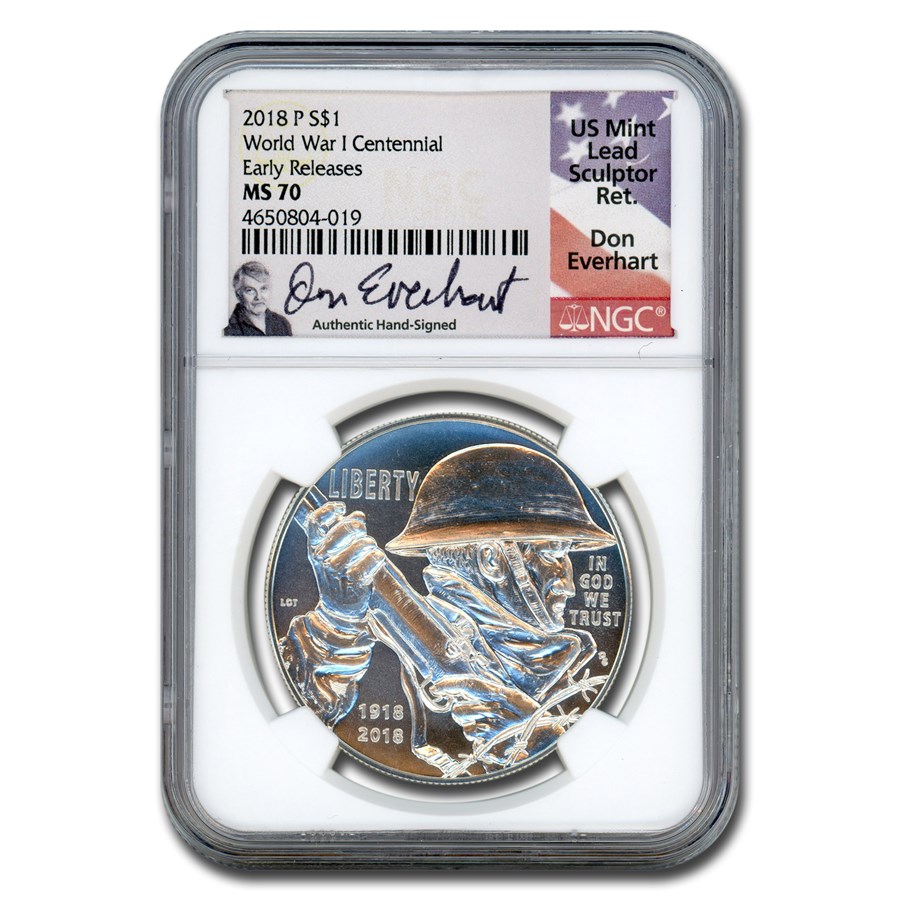 2018-P World War I Centennial Silver Dollar MS-70 NGC ER Everhart