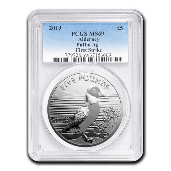 2019 Alderney 1 oz Silver Puffin MS-69 PCGS (FirstStrike®)