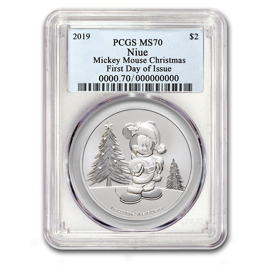 2019 Niue 1 oz Silver $2 Disney Mickey Christmas MS-70 PCGS (FDI)