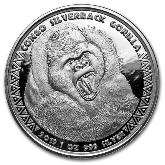 2019 Republic of Congo 1 oz Silver Silverback Gorilla (Prooflike)