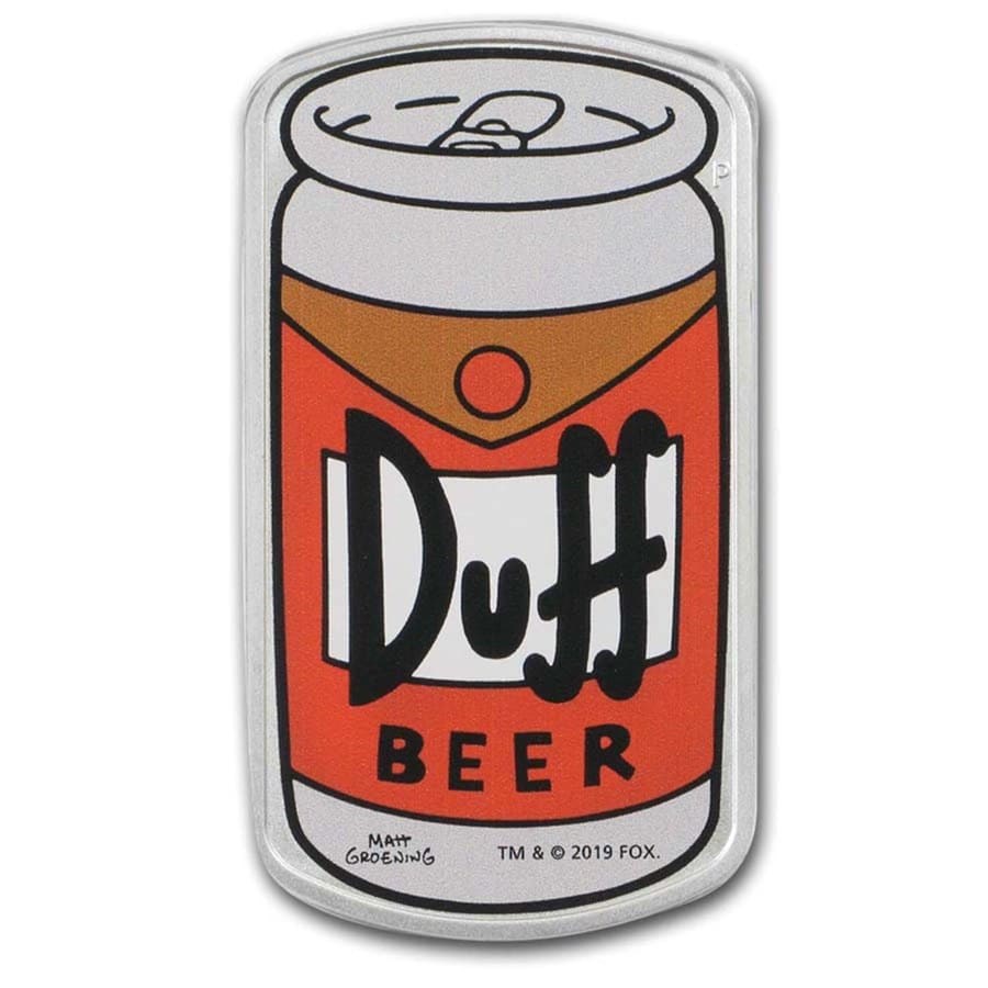 2019 Tuvalu 1 oz Silver The Simpsons: Colorized Duff Beer Proof