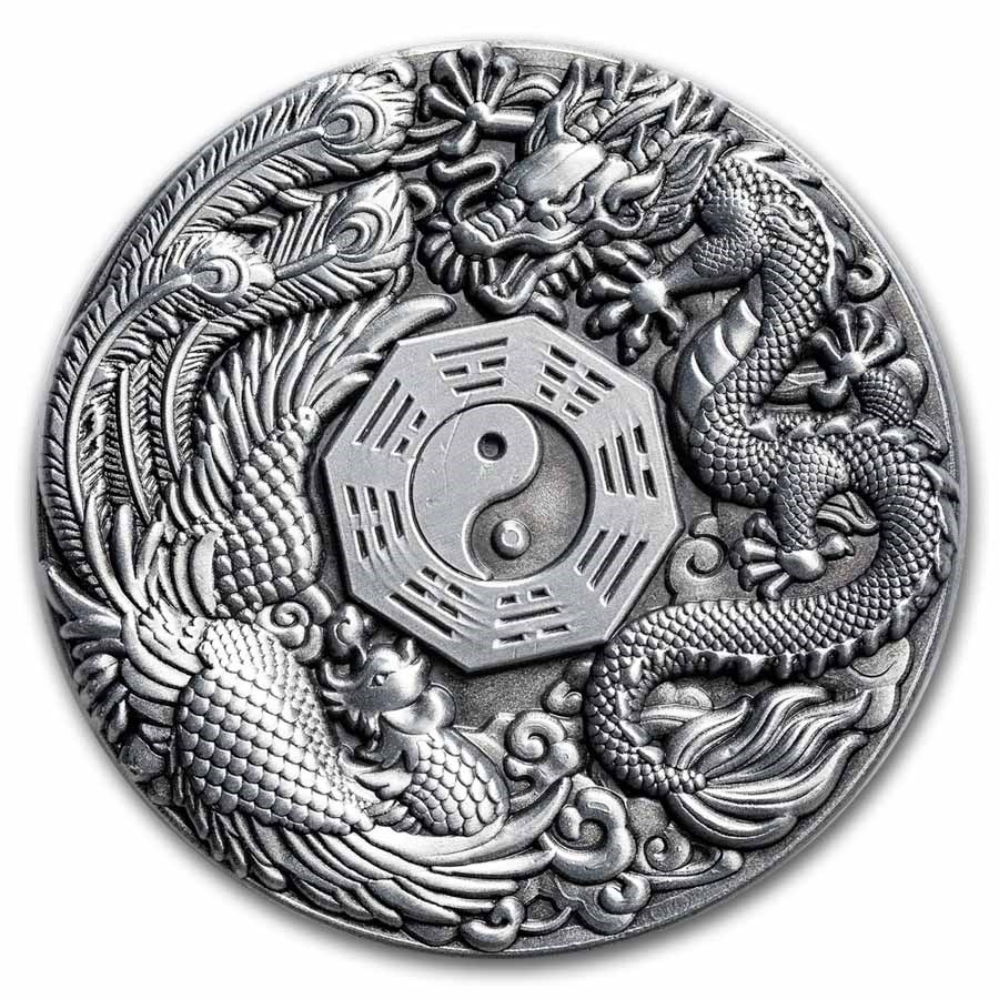 2019 Tuvalu 2 oz Silver Dragon & Phoenix Rimless (Coin only)