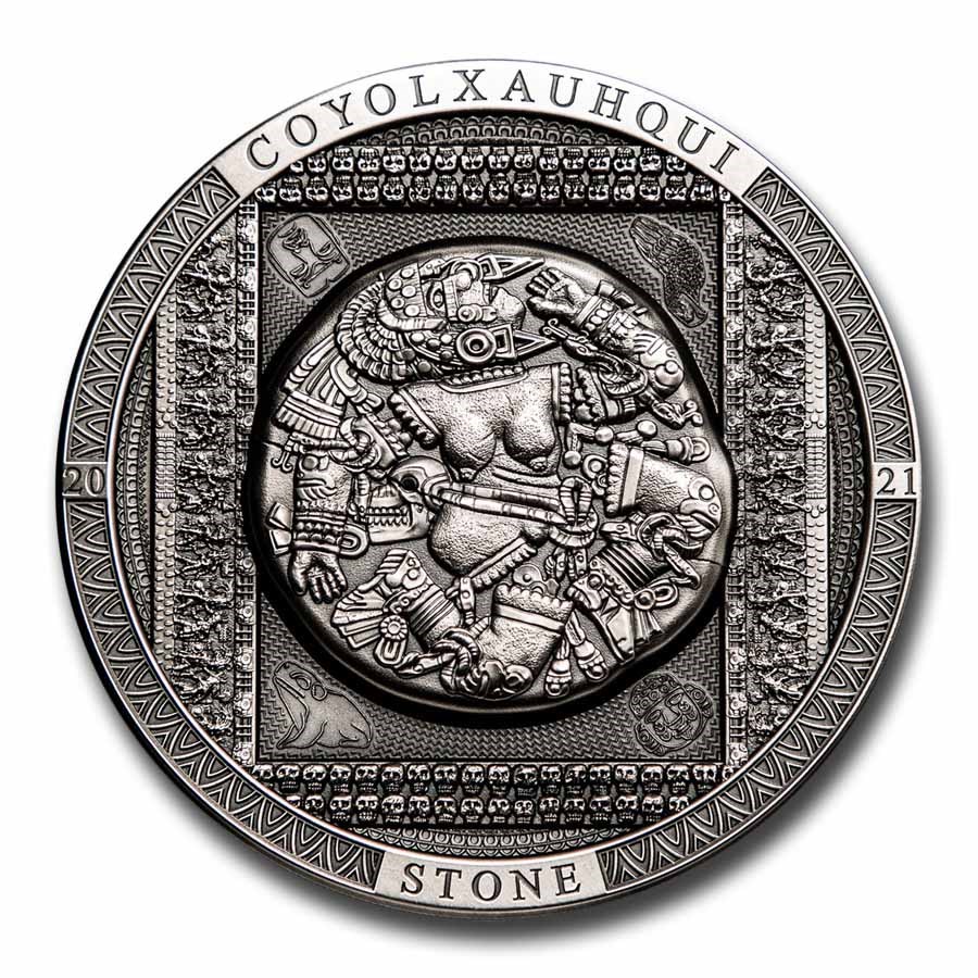 2021 Cook Islands 3 oz Antique Silver Aztec Coyolxauhqui Stone