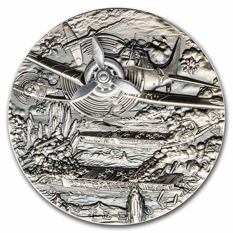 2021 Niue 2 oz Antique Silver Sea Battles; The Battle of Midway