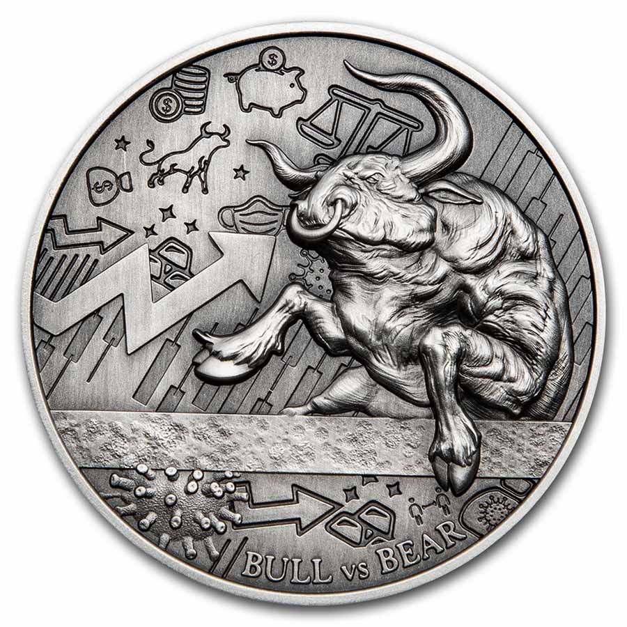 2021 Republic of Chad 2 oz Antique Silver Bull vs Bear Pandemic