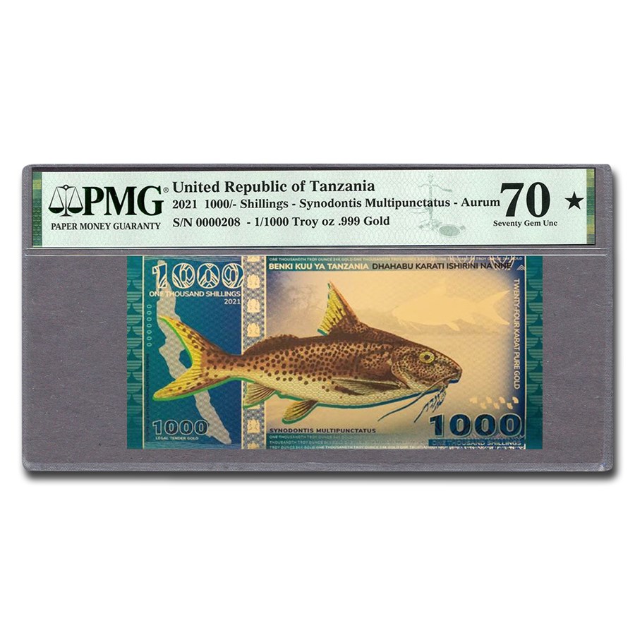 2021 Tanzania 1/1000 oz Gold Foil Note Catfish MS-70* PMG