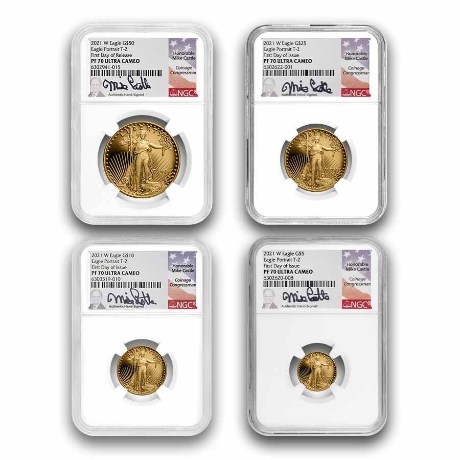 2021-W Proof Gold Eagle Set (T2) NGC PF-70 (FDI, Castle Signed)