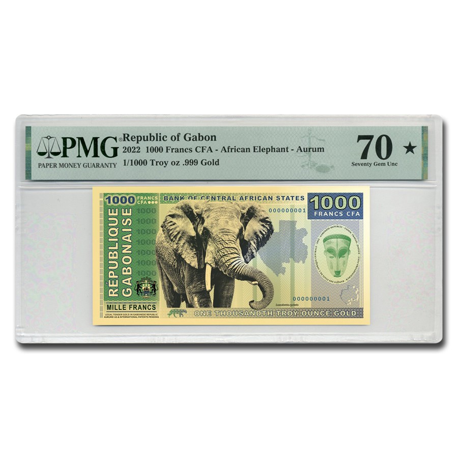 2022 Gabon 1/1000 oz Gold African Elephant Foil Note MS-70 PMG